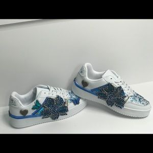 Blue Bedazzled Platform White Sneakers